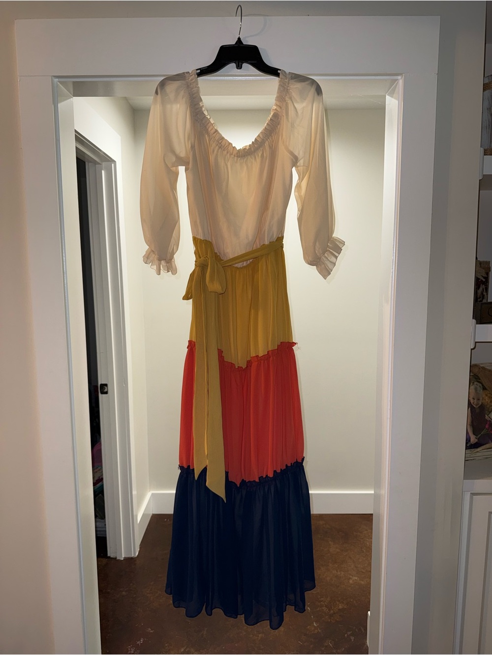 Women's Colorblock Tiered Maxi Dress in Ivory, Mustard, Coral & Navy